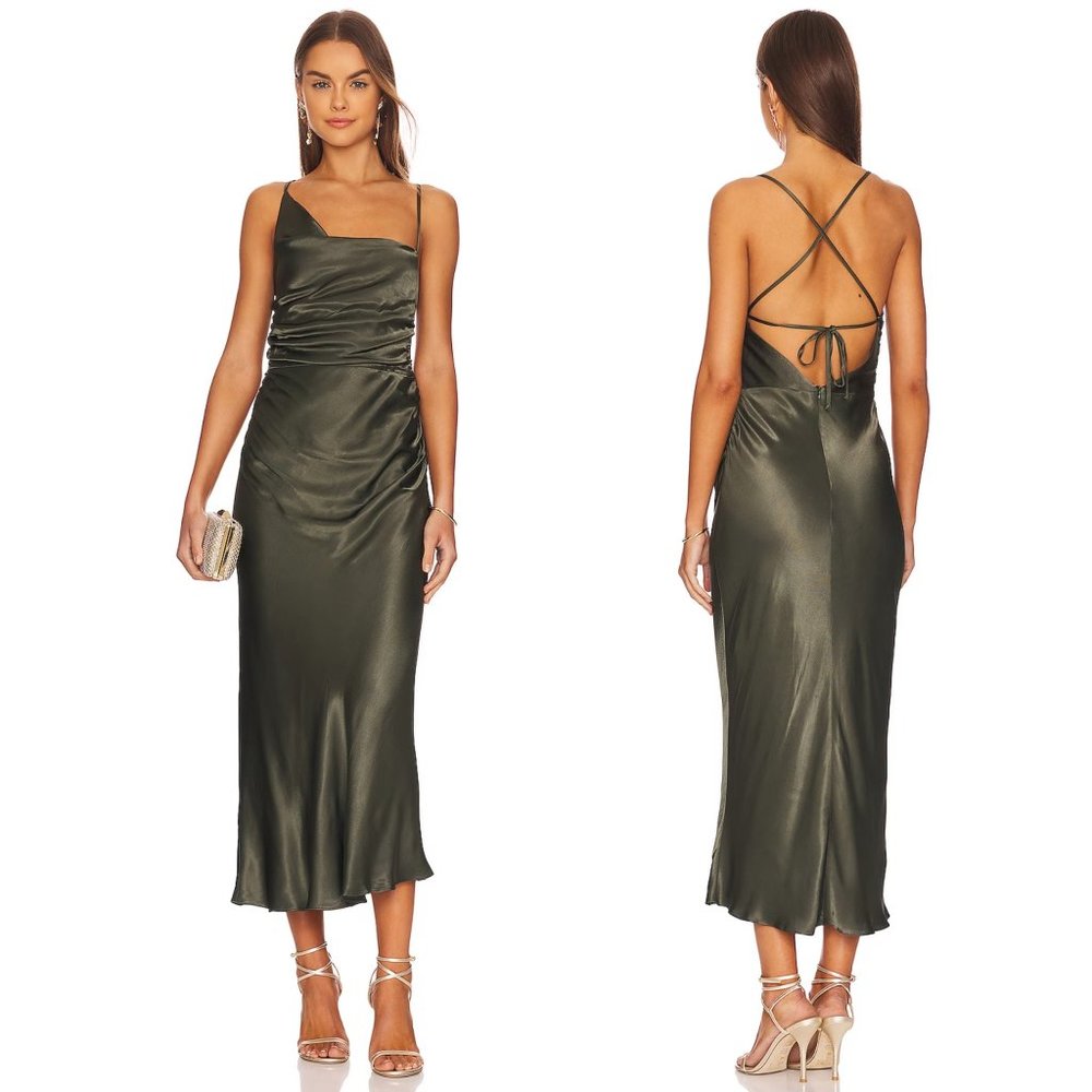 NEW Shona Joy Giorgia Asymmetrical Midi Dress Forest Dark Green Formal Satin XS